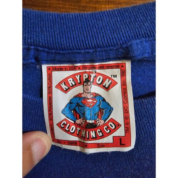 VTG SUPERMAN BIG LOGO Krypton Clothing Single Stitch T Shirt‎ L - Picture 2 of 3